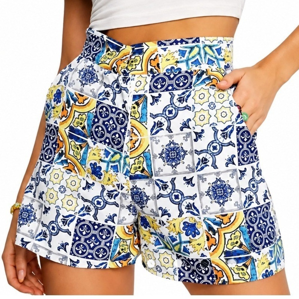 Never Fully Dressed Amalfi Tile Print High Wasted Shorts 3" Inseam Blue Yellow